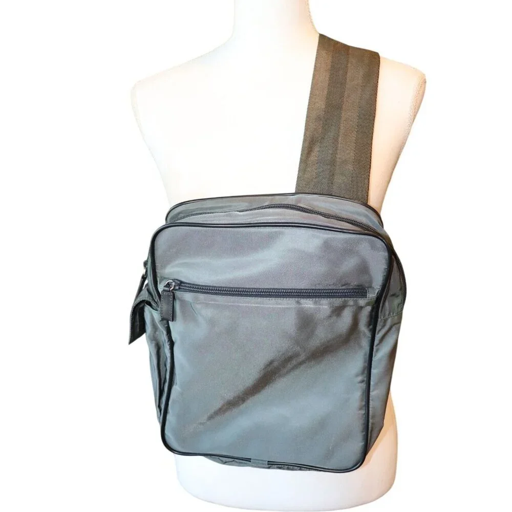 Prada Nylon Crossbody Sling Bag In Gray/green With Wide Strap